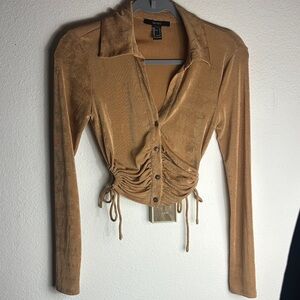 Forever 21 Shimmery Camel Colared Cropped Ruched Button Shirt.Side Ties. Small